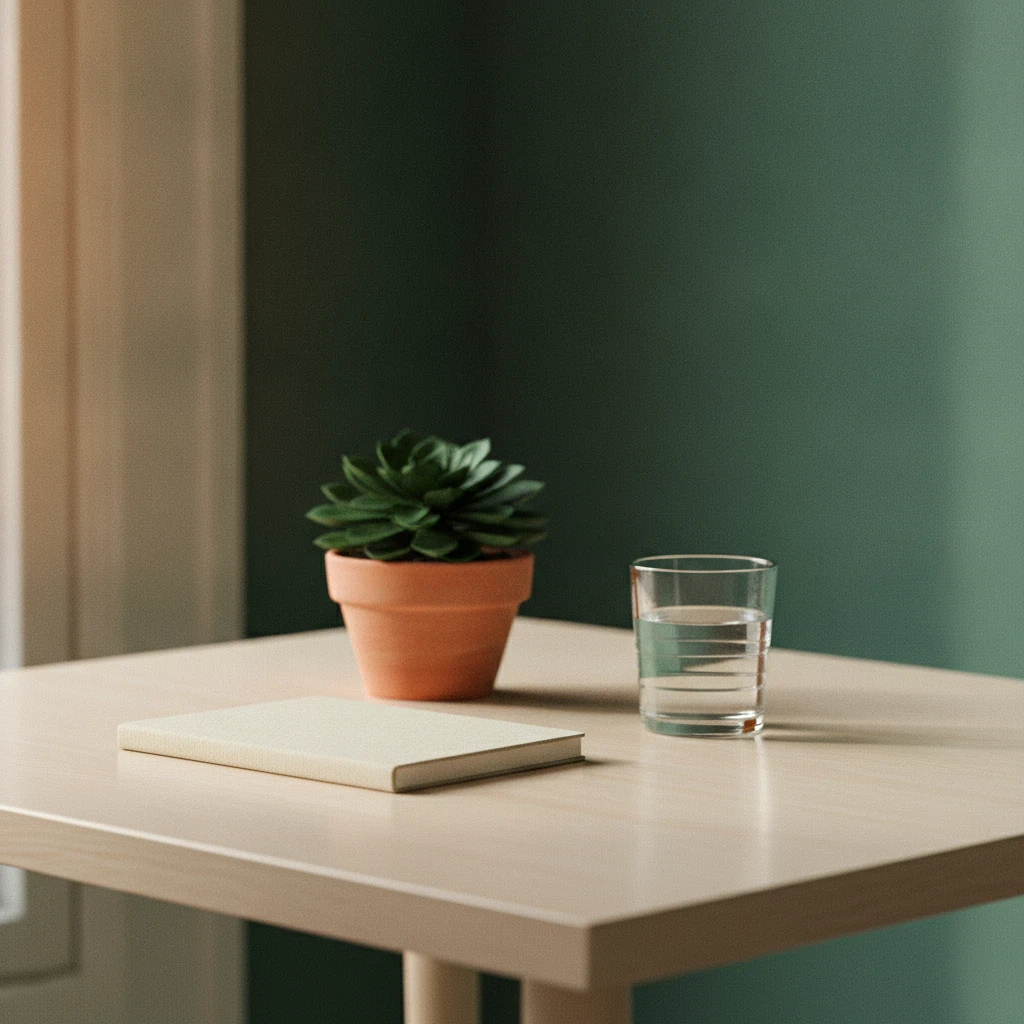 A tidy desk with a notebook, a small plant and a glass of water in a calm natural-light workspace
