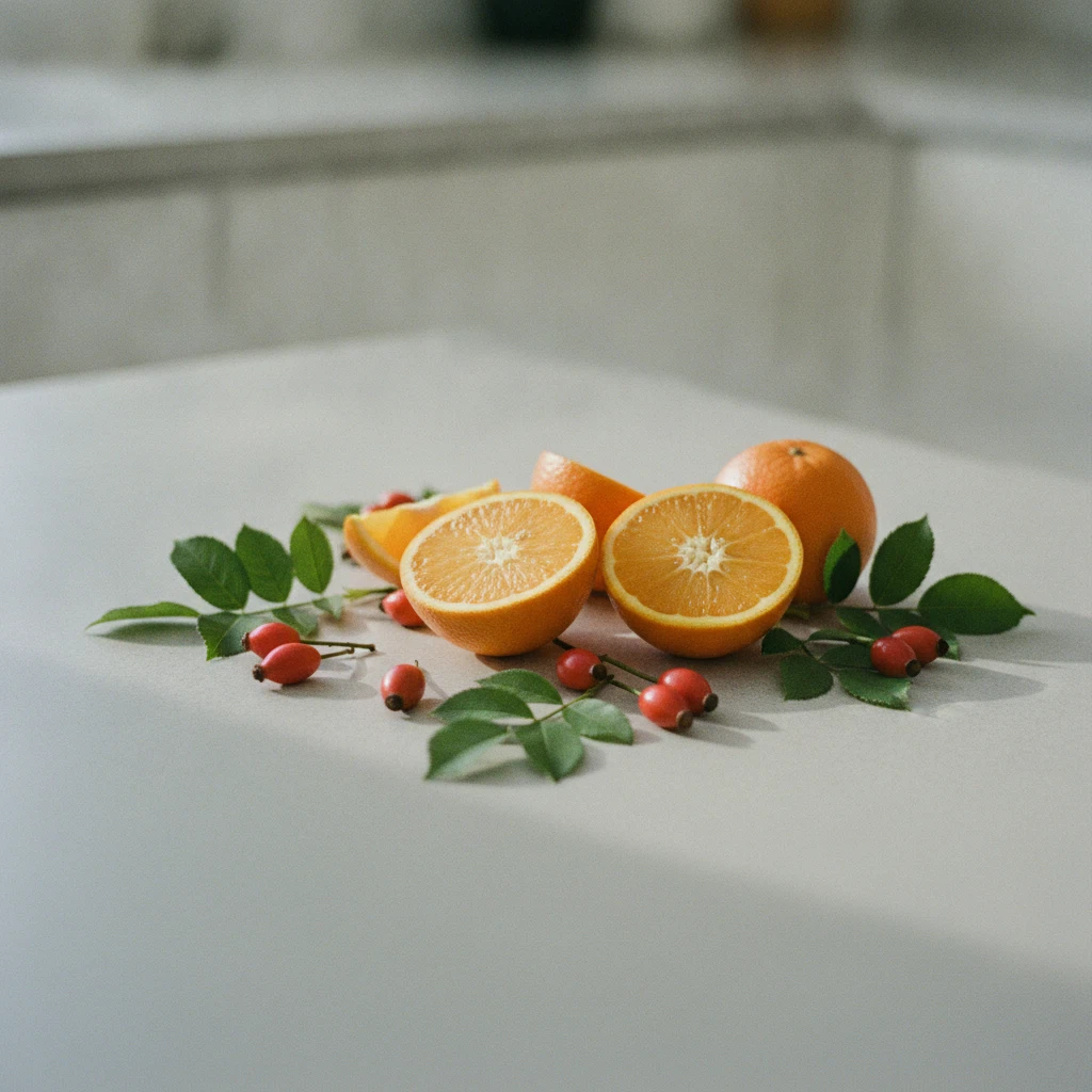 Fresh oranges and rosehips on a light stone surface, natural sources of Vitamin C